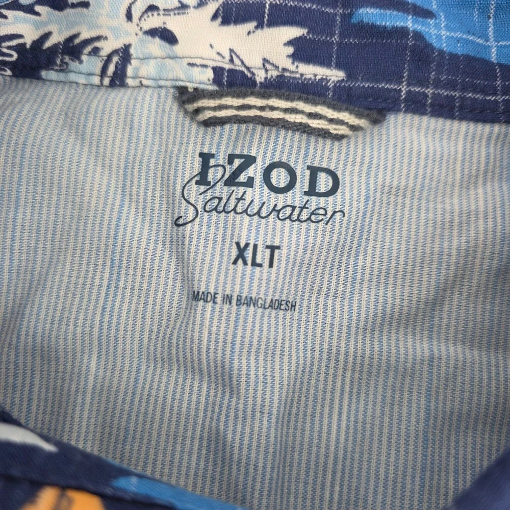 IZOD Saltwater‎ Tropical Scenic Button Down Shirt Mens XLT Blue Short Sleeve
